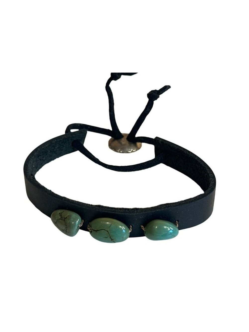 Handcrafted Black Leather Bracelet Faux Turquoise Green Beads Southwestern